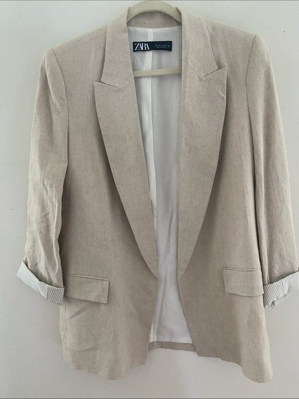 ZARA LINEN BLEND OPEN FRONT BLAZER Beige Line size L